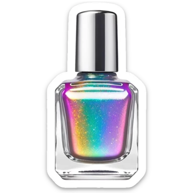 Ultra realistic, detailed, rainbow glitter effect holographic nail polish, glass translucent bottle, silver chrome lid sticker