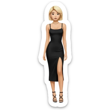 Hailey bieber cheveux court blond voir tout le corps et avec une robe longue serré noir avec des bretelles  sticker