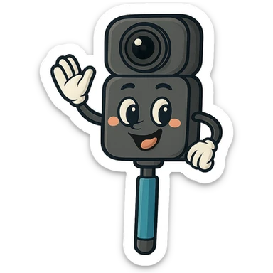 Remove the background, keep the friendly face cartoon Insta360 camera on a stick character with transparent background, maintaining a friendly and cartoonish style. sticker