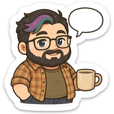 A realism art illustration art style of handsome plus-size man with black hair and a purple to green ombre streak, black beard, blue eye, glasses, dressed like a dad, holding a coffee mug, blank speech bubble, frowning  sticker