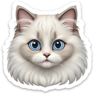 cinematic-adorable-big-eyed-fluffy-ragdoll-cat-portrait-emoji,-head-tilted-playfully-with-a-sweet-expression,-fluffy-white and grey-fur,-simplified-yet-irresistibly-cute-features-with-large,-expression, Large blue eyes sticker