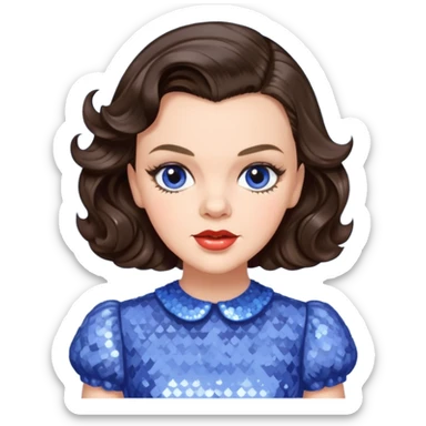 Judy Garland with long dark brown hair, periwinkle sequin dress sticker