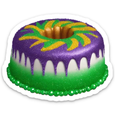 Realistic round bundt glitter icing king cake isolated with Mardi Gras beads layer across the top of the cake.  sticker