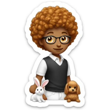 Garçon avec cheveux bouclé roux avec un lapin noir et blanc sticker