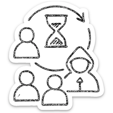 minimalist hand-drawn outlined icon of players and a game master collaborating, with a clock or hourglass representing a multi-day marathon, worn and distressed effect sticker