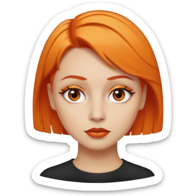 A person emoji with light skin, short orange hair swept to one side, matching orange eyebrows, brown eyes, an oval-shaped face, a small nose, and dark lipstick. sticker