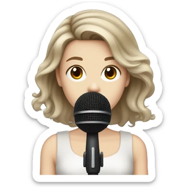 a girl with brown hair, hazel eyes, pale skin, dark lips, singing into a microphone sticker