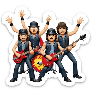 Cinematic Realistic AC/DC Band Emoji, depicted as a high-energy rock ensemble with electrifying stage presence and gritty textures, rendered with bold vibrant lighting that captures the raw power and rebellious spirit of their music. sticker