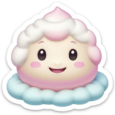 Cinematic fluffy pastel marshmallow character, soft round edges, tiny sparkly eyes, a small happy smile, glowing warmly, floating in a dreamy soft sky. sticker