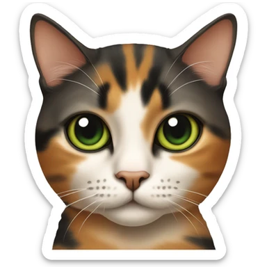 A cat with piercing green eyes, a sleek tortoiseshell coat of black and caramel hues, and an orange stripe down the nose. sticker