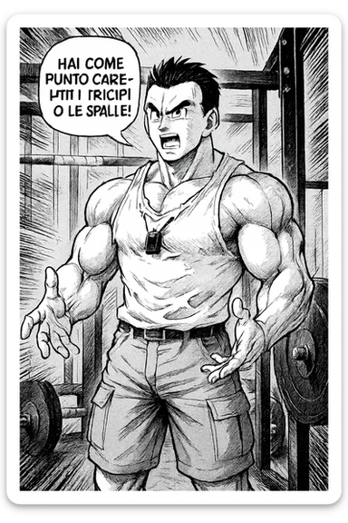 Personal trainer che dice al suo allievo, "hai come punto carente i tricipiti o le spalle!" Stile manga di Dragon Ball sticker