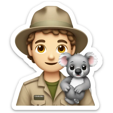 Caucasian brown hair male zookeeper holding cute koala sticker