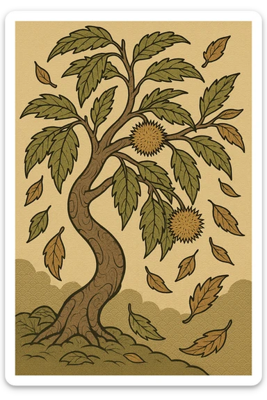 Chinese chestnut tree with falling leaves, ukiyo-e style sticker