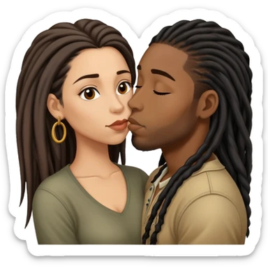 Latina Woman with long hair kissing a young black guy with dreads chin hair sticker