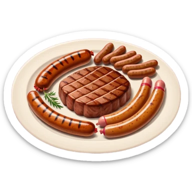 Meat dishes avatar in clean emoji-style illustration. Steak, roasted meat, and sausages, rich brown and red tones, simple shapes, flat design, hearty and appetizing. sticker