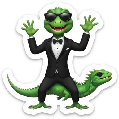 capitalist iguana banker in tuxedo and black sunglasses dancing crazy sticker