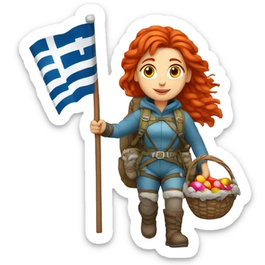 Greek Female winter mountaineer red hair white skin climbing with Greek Flag and Easter eggs basket sticker