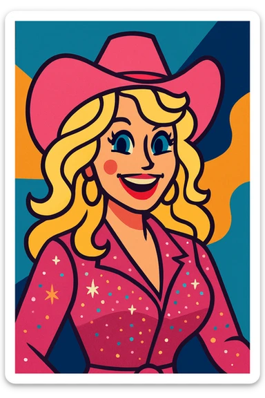 Dolly Parton wearing a pink cowgirl hat, sparkling outfit, cheerful expression sticker