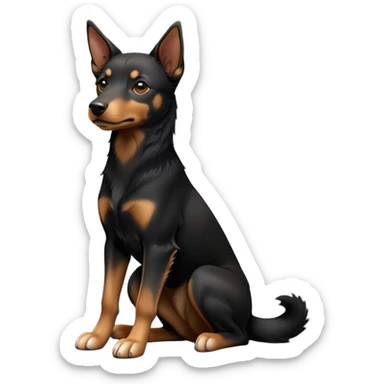 cinematic-[australian kelpie]-realistic-full-body-sitting-emoji,-tail-resting-loosely-beside-its-paws,-head-tilted-dramatically, -sleek-[Black and tan]-fur,-simplified-yet-realistic-focused-features,-highly-detailed,-glowing-with-an-almost-sarcastic-glow sticker