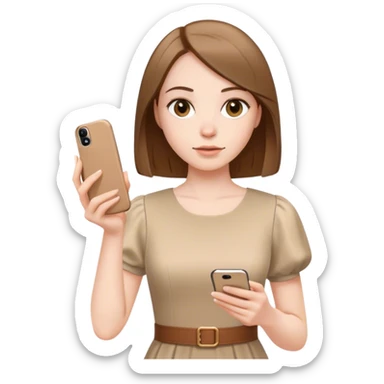 pale skin woman with brown Straightened bob Hair, beige dress holding white IPhone 15 pro in the hands sticker