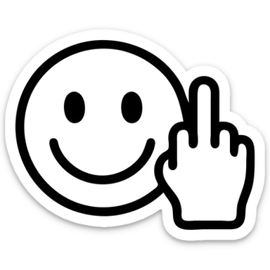 happy emoji face with a cartoon hand giving the middle finger next to it, flat color icon style, black outlines sticker