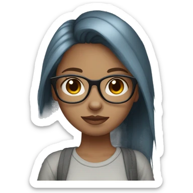 A blue eyed, straight medium length hair red headed girl with light skin, black glasses, a nose ring, holding an all grey cat  sticker