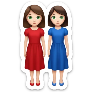A brunette sister with green eyes and a brunette sister with green eyes in different clothes standing happily sticker