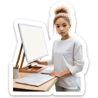 A person is **standing up from their desk**, a determined look on their face. In front of them is a **blank canvas, an open laptop, or a workbench**—a symbol of **taking action**. Their **future self**, glowing with confidence, is **guiding their hands as they type, paint, build, or create something sticker