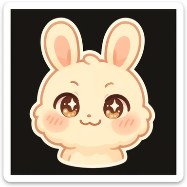 kawaii chibi-style bunny emoji with a round fluffy face, sparkly eyes, blushing cheeks, pastel color palette, smug mood, soft rounded design, anime-style, vector art, black background sticker