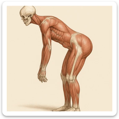 Girl in the same posture as the reference photo, anatomical version showing only muscles and bones, identical silhouette. Medical illustrative style with clear details. sticker