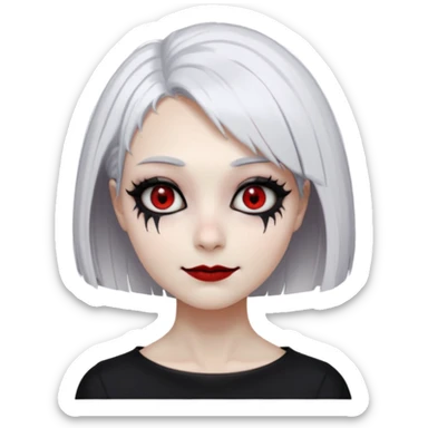 Afemale, unnatural eye color with veiny eyes, sickly skin texture combined with an unnatural creepy smile, liminal setting that feels wrong, uncanny eerie art style, scary femme fatale, bob cut, mole under eye, white hair, red iris, black mascara, black eyeshadow, Gothic white skin, sticker