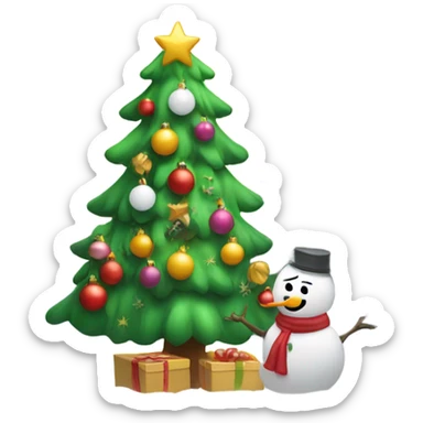 Christmas tree with snow man putting on ornaments  sticker