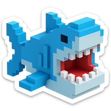 voxel style shark, open mouth, blocky, blue and silver, no background sticker