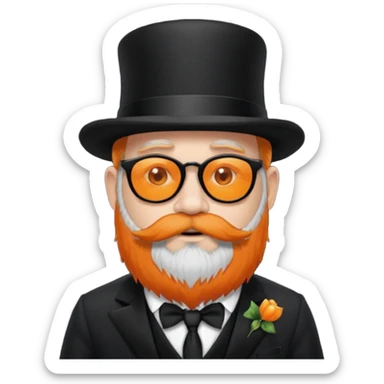 dwarf with a beard, a hairy body black sunglasses and a black top hat on his head. He also has a black tie on his chest. His nose is orange and his skin is pale white. sticker
