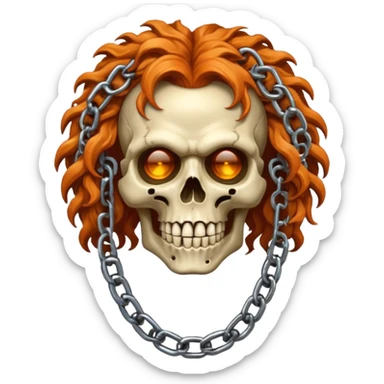 cinematic realistic steampunk Megadeth iconic skull mascot with a rusty chain in his teeth, huge curly orange hair sticker