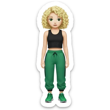 A white curly with curly blonde hair wearing a black crop top and baggy green sweatpants  sticker