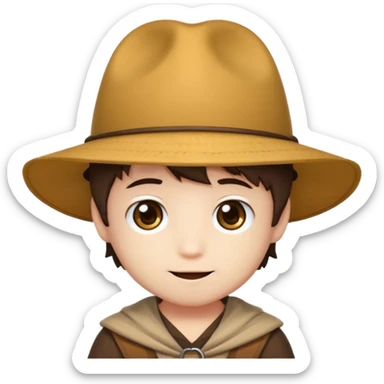 Um rosto kawaii macho de olhos castanhos com chapéu de aventureiro chibi e sorrindo sticker