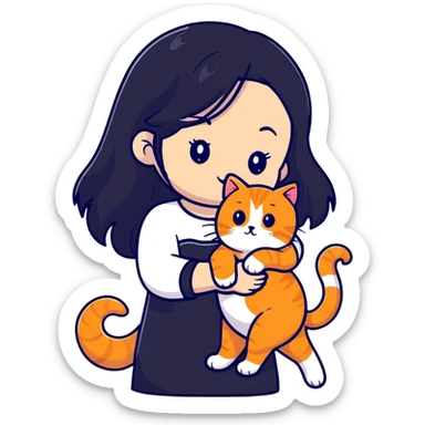 beautiful girl with elegant long black hair holding a cute ginger cat sticker