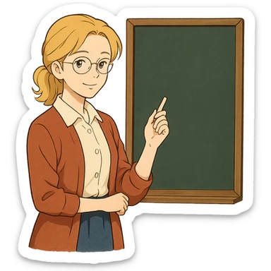 profesora rubia de pelo largo recogido, piel clara, estilo ghibli, con una pizarra sticker