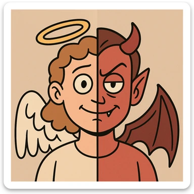 half animated face of an angel and half animated face of a devil, flat modern vector style sticker