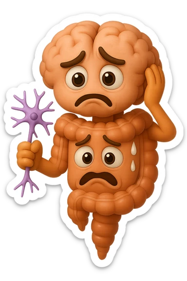 EMOJI STILE IPHONE DI UN INTESTINO collegato verticalmente ad un cervello mentre tiene in mano un neurone, espressione stressata, IPERREALISTICO 4K sticker