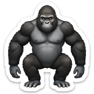 cinematic-friendly relaxed gorilla-realistic-full-body-crouched on all fours on knuckles-emoji,-poised-with-confidence,-massive-arms-hanging-slightly-forward,-head-tilted-thoughtfully,-thick-black-fur,-deep-dark-eyes-full-of-intelligence,-simplified-yet-realistic sticker