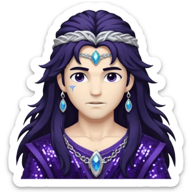 Boreas, God of North Wind from Gods and Goddesses with long black shaggy hair, dark purple sequin outfit sticker