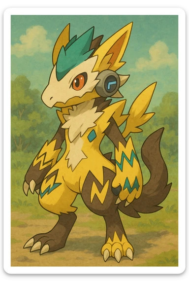 Sergal-Protogen-Trico-Renamon-Lombax-Zeraora-Vernid-fusion-hybrid-creature, drawn in a Pokémon/Digimon style sticker