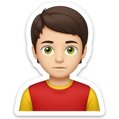 A portrait of a 14-year-old boy, he's got dark-brown hair, luight brownish skin and green hazel eyes. he's wearing a red t-sirt with yellow sleeves. sticker