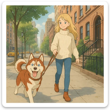 Cute Blonde woman wearing a sweater walking a happy red-brown blue-eyed Siberian husky in New York City on an upper east side city sidewalk  sticker