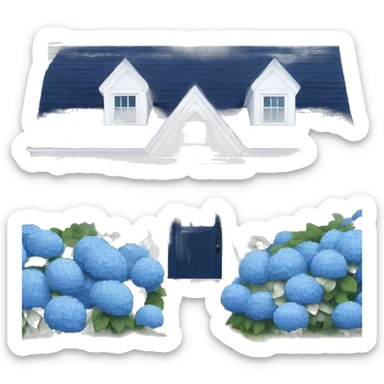 Navy blue shingle beach house with hydrangeas lining the drive way  sticker