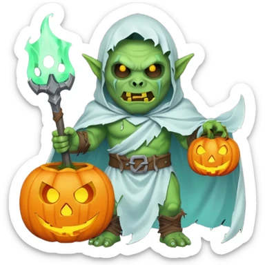 male orc warrior ghost emoji, green skin, tusks, wearing torn white ghost sheet costume, holding glowing jack-o'-lantern, faint blue aura, friendly but spooky expression, Halloween fantasy theme, Apple emoji style, clean white background, square sticker