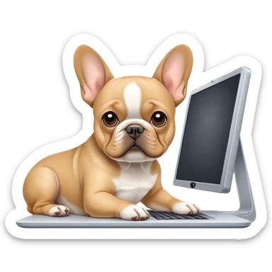 Tan french bulldog working behind computer sticker
