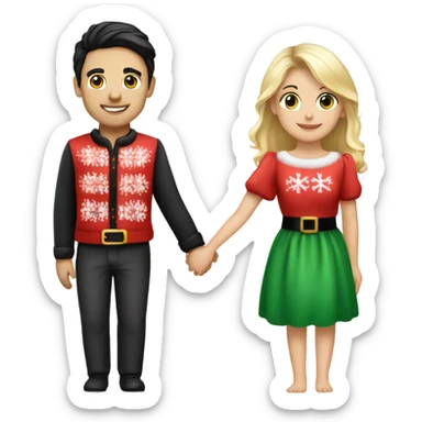 A couple (a handsome young Italian guy with black hair, pretty German/English girl with blonde hair) holding hands wearing Christmas outfits sticker